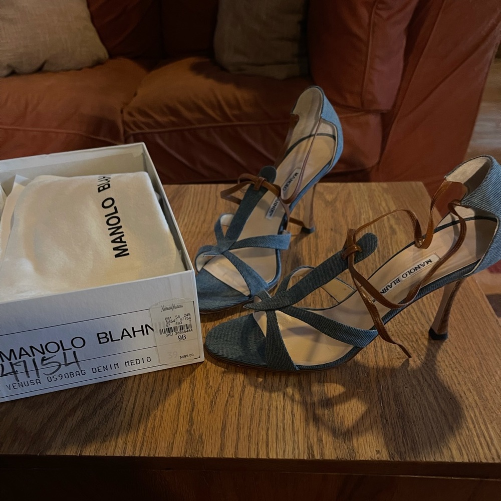 Denim Manolo Blahnik sandals with ankle tie